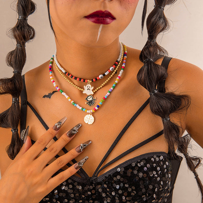Wholesale Ghost Skull Beaded Necklace Dripping Oil Pendant Handmade Boutique Resale MOQ≥2