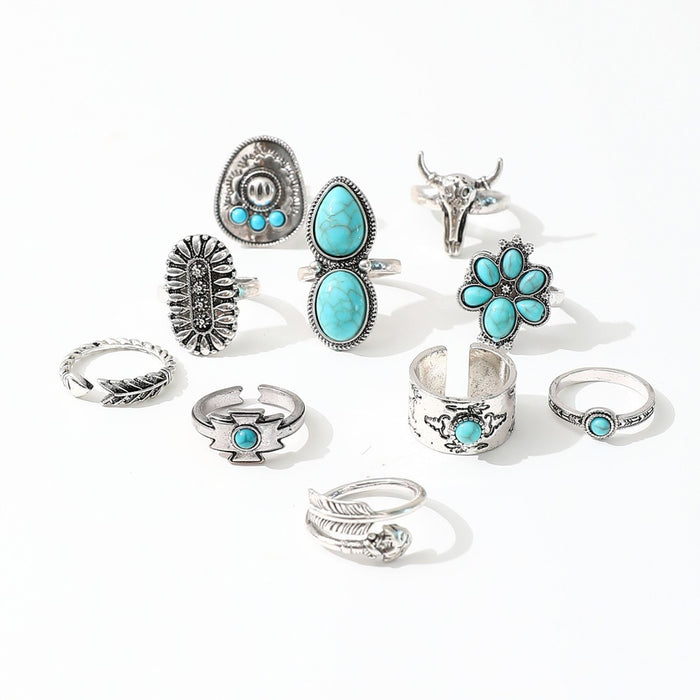 Wholesale Imitation turquoise ring set Creative bull head flower feather multi-element turquoise ring set