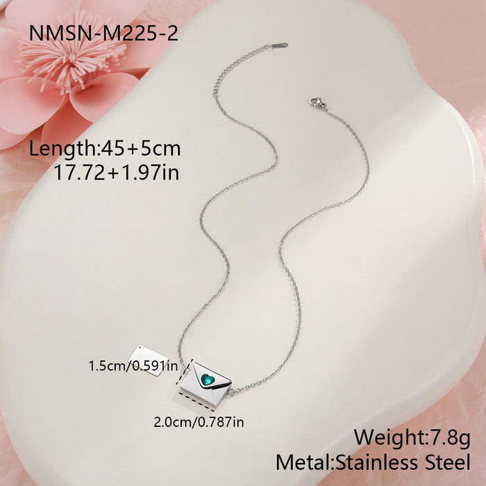 Wholesale Valentine' s Day-themed envelope-shaped stainless steel necklace with heart-shaped elements and rhinestones.