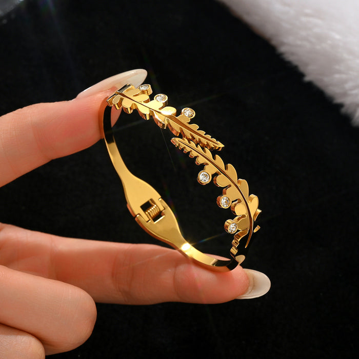 Wholesale Stainless Steel Botanical-Themed Gold-Tone Bangle Set with Rhinestones