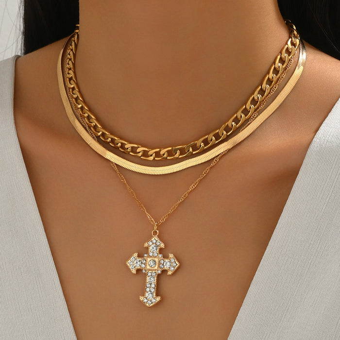 Wholesale Multi layered diamond studded cross necklace with creative simplicity and trendy gold alloy necklace accessories