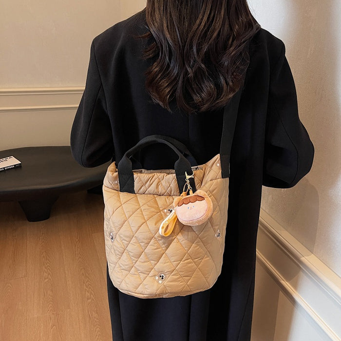 Wholesale Cute Bear Embroidered Large Capacity Portable Bucket Bag Autumn and Winter Rhombic Plaid Cotton-padded Suit Shoulder Bag Trendy Crossbody Bag