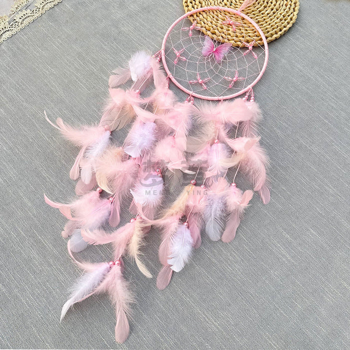 Wholesale Handmade Dreamcatcher Wind Chime Pink Butterfly Flower Rooster Feather Home Decor MOQ≥2