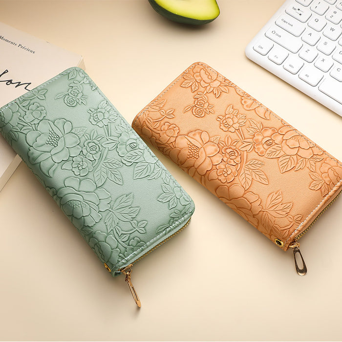 Wholesale Literary Floral Embossed Women' s Pu Wallet Light Blue Daily Matching Boutique MOQ:3