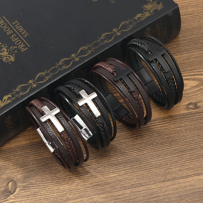 Wholesale Men's Hot Sale Hand Jewelry Can Be Engraved Braided Handmade Leather Magnetic Buckle Cross Alloy Bracelet JDC-BT-XH007