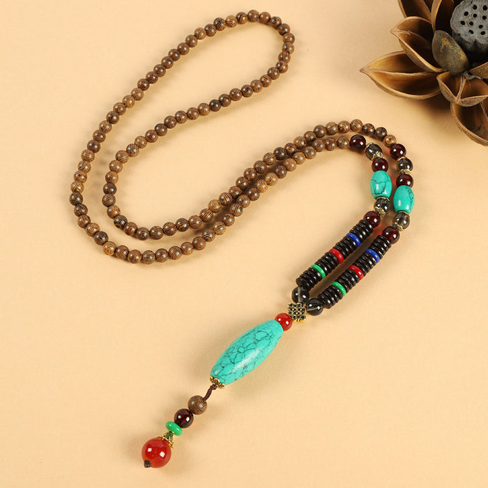 Wholesale Long Cotton and Linen Accessories Wooden Pendant Buddhist Beads Necklace JDC-NE-Luox003