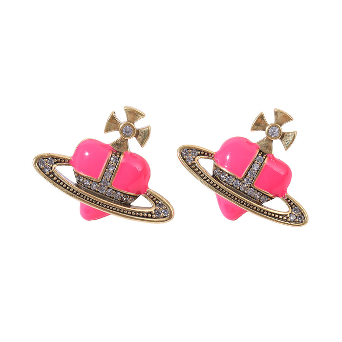 Wholesale Three-color oil-drop heart Saturn micro-inlaid zircon earrings