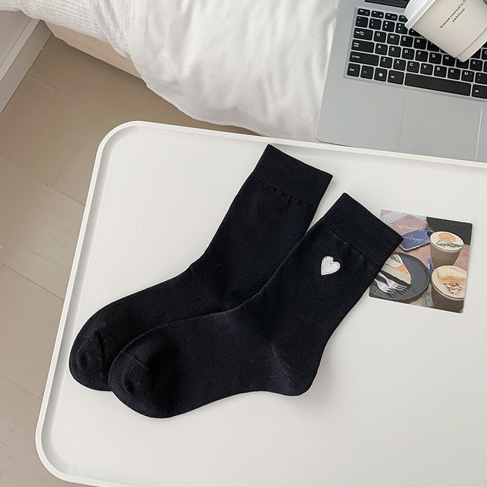 Wholesale Socks, cotton socks, mid tube socks, heart-shaped embroidered pile socks, double ribbed spliced long socks, anti odor boneless cotton socks