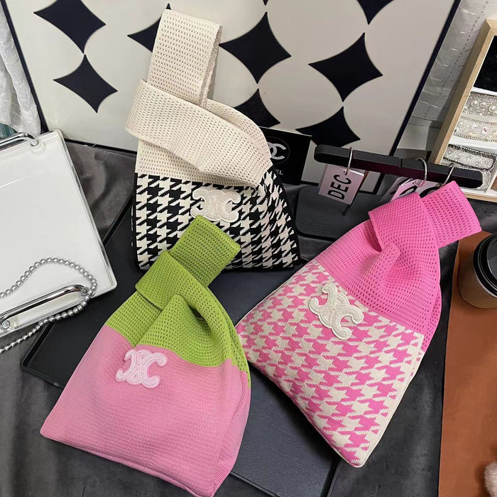 Wholesale Color Block Houndstooth Logo Knitted Cotton and Linen Shoulder Handbag (F) JDC-HB-WanQ001