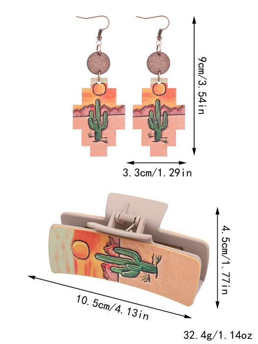 Wholesale Western Denim Wind Sunflower Cactus Leather Women' s Hairpin Grab Clip Shark Clip Plus Earrings Combination