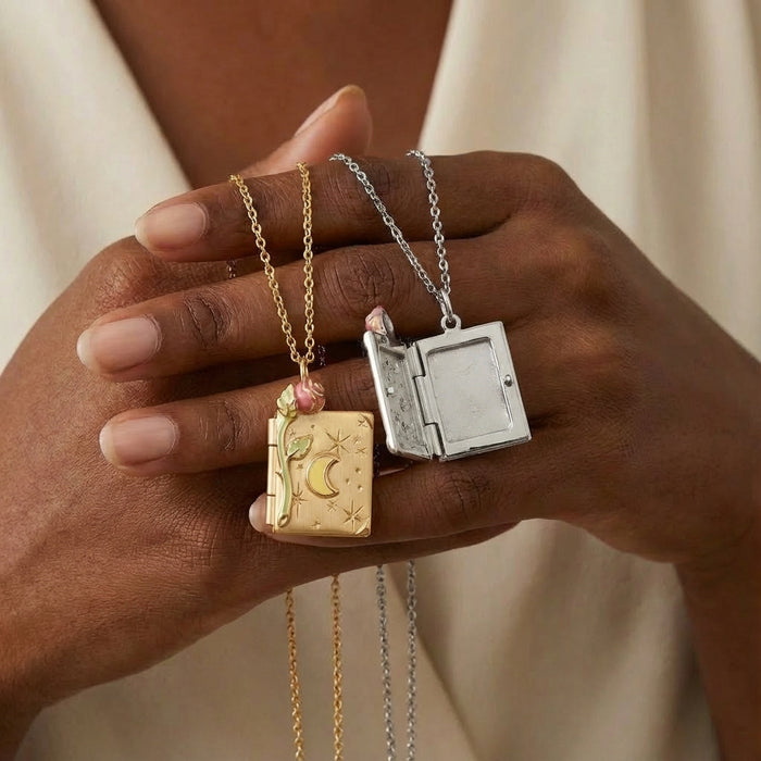 Wholesale Gold and Silver Star and Moon Three-Dimensional Rose Book Necklace Retro Openable Pendant Photo Box