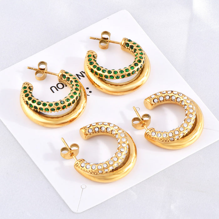 Wholesale Gold-Plated Stainless Steel Double-Layer Smooth Hoop Earrings with Diamonds