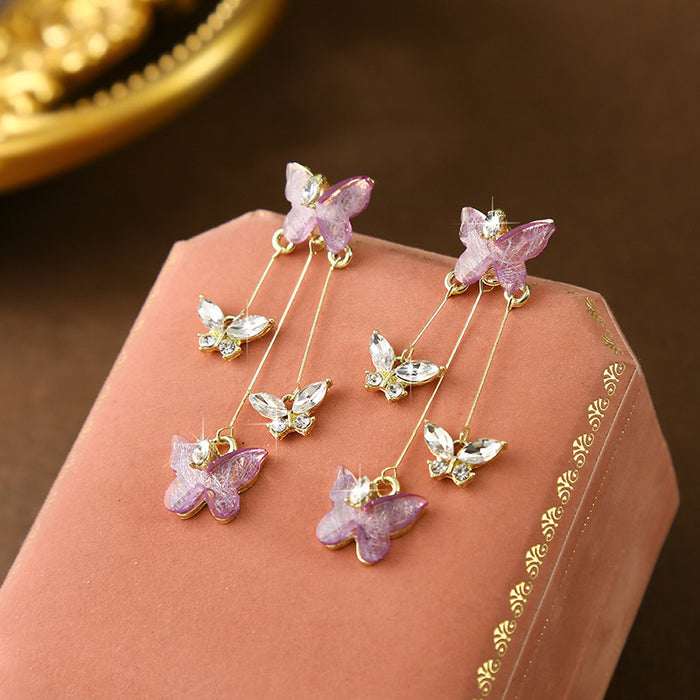 Wholesale Silver needle purple butterfly tassel earrings with a light luxury and high-end feel, sparkling diamond long earrings, retro temperament earrings