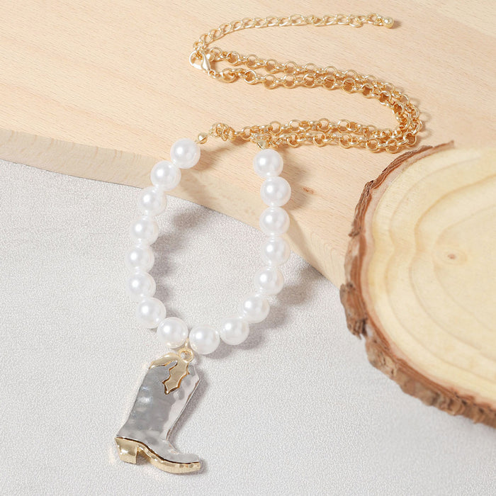 Wholesale Imitation Pearl Chain Double Alloy War Boots Pendant Necklace Denim Girl Jewelry
