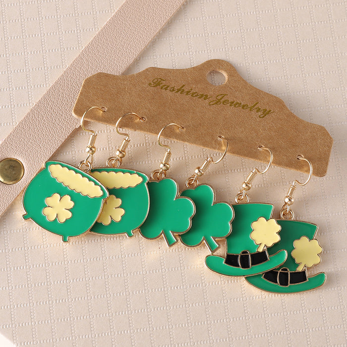Wholesale Green Clover Leaf Drop Earrings Dripping Oil Alloy 3 Pairs Jewelry Accessory