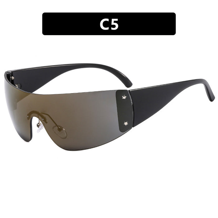 Wholesale Frameless one-piece sunglasses, pentagram sunglasses, sports glasses