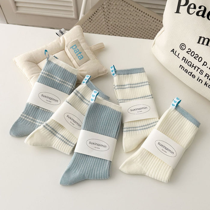 Wholesale Striped mid tube socks with heart-shaped fabric label, double needle long tube stacked socks
