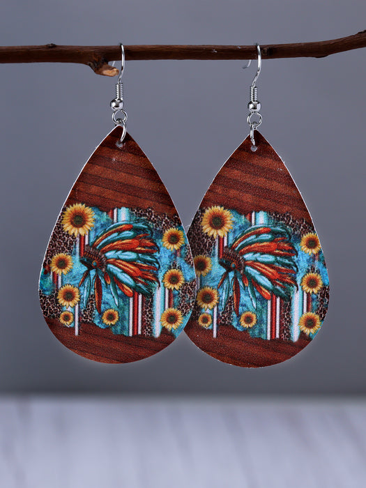 Wholesale Water Drop Shape Leather Sunflower Leaf Stripe Print Earrings JDC-ES-YiTian009