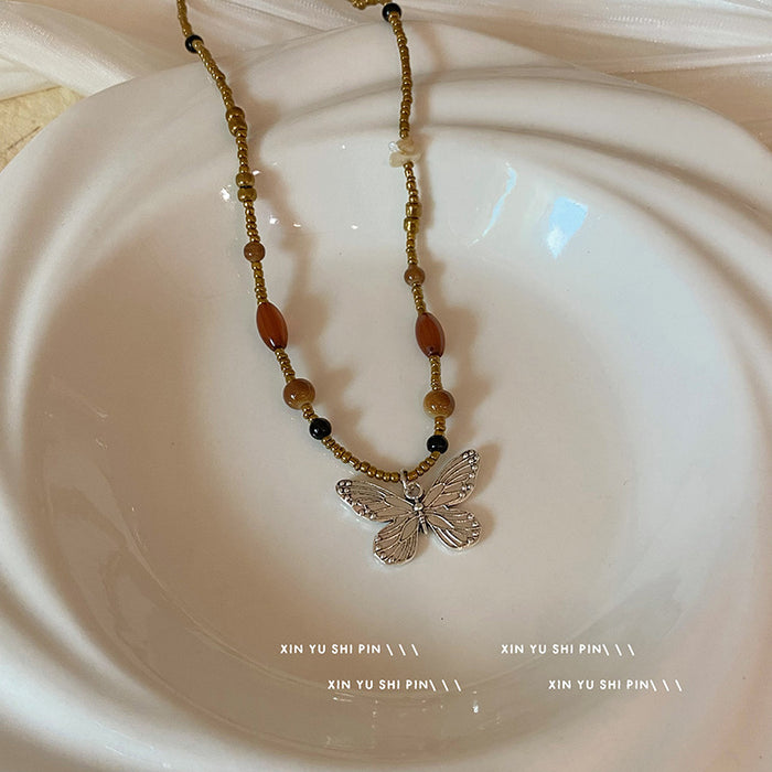 Wholesale Square butterfly bead necklace, retro artistic niche, layered necklace accessory