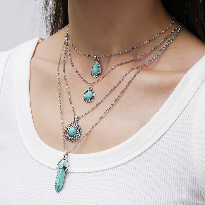 Wholesale ecklace inlaid turquoise fashion bohemian style white green flower necklace