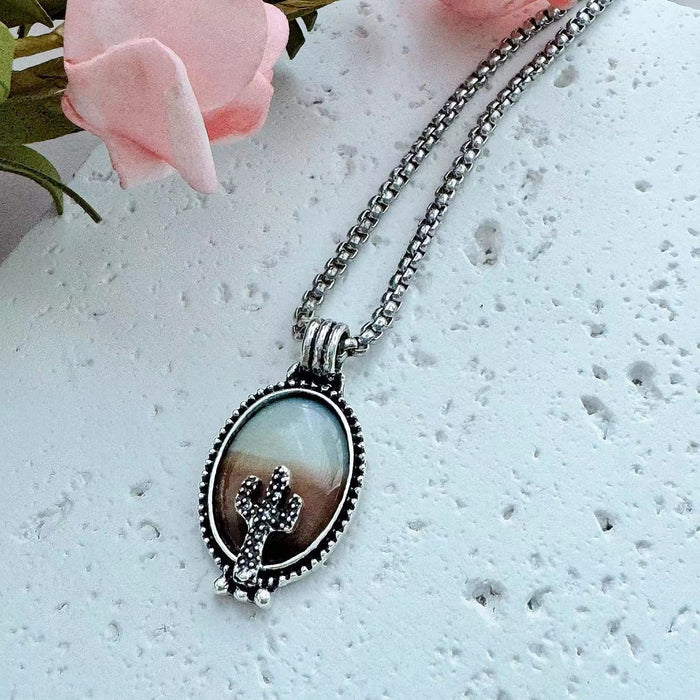 Wholesale Western Wind Sand Cactus Pendant Necklace Elliptical,  Small and Minimally Designed Alloy Jewelry