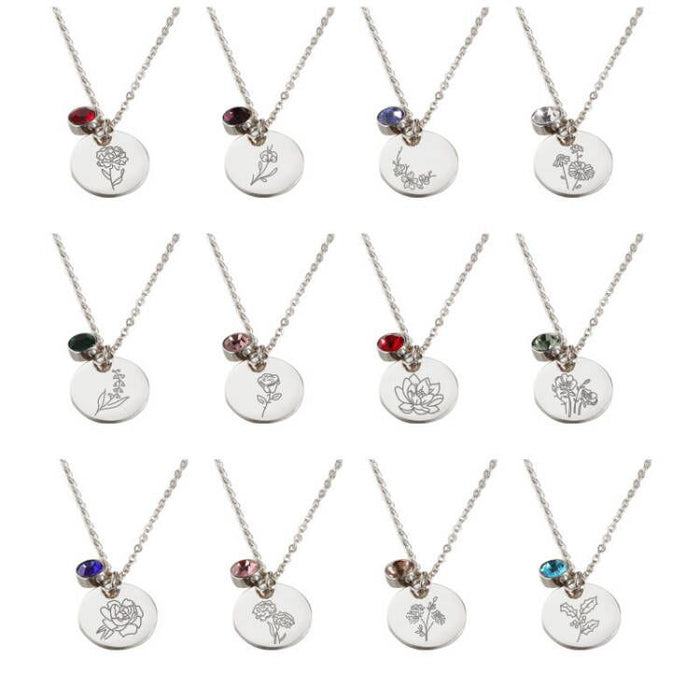 Wholesale Stainless Steel Birthday Flower and Birthstone Necklace JDC-NE-MingB001