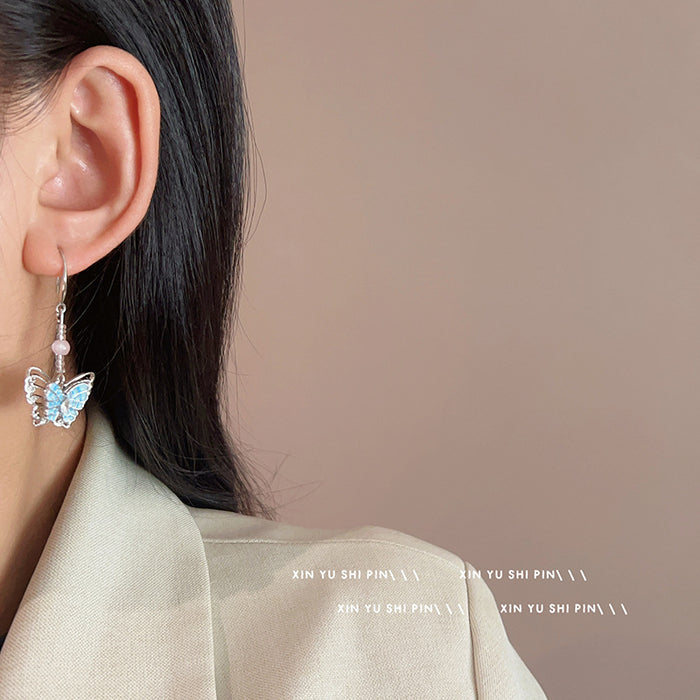 Wholesale Blue butterfly tassel earrings, new style, light luxury, western-style, versatile and personalized earrings