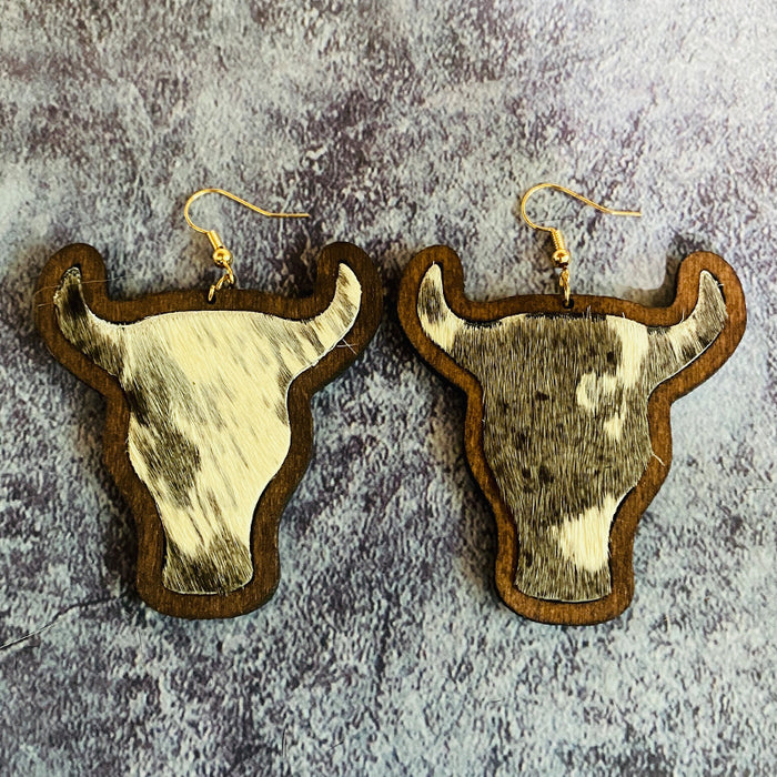 Wholesale Retro genuine leather earrings Western cow head leopard print horse hair inlaid wooden earrings