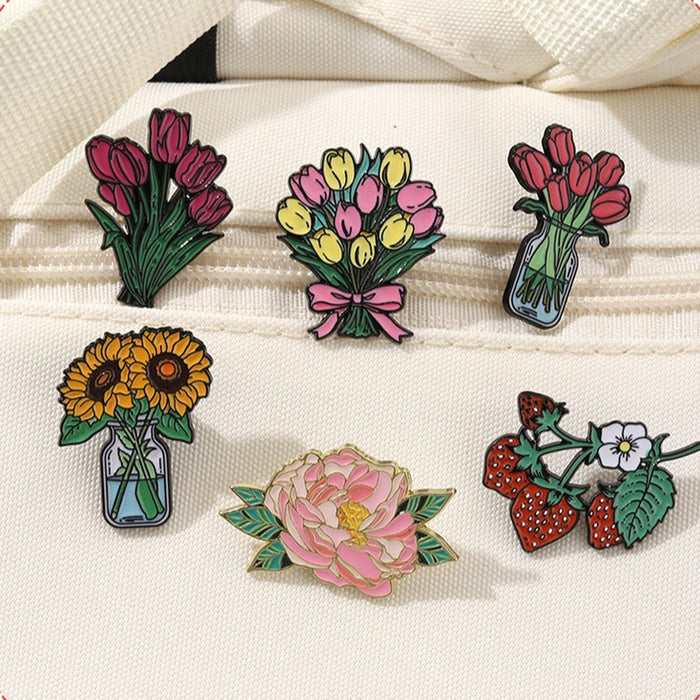 Wholesale Cute Plant Flower Brooch Cartoon Tulip Peony Metal Badge