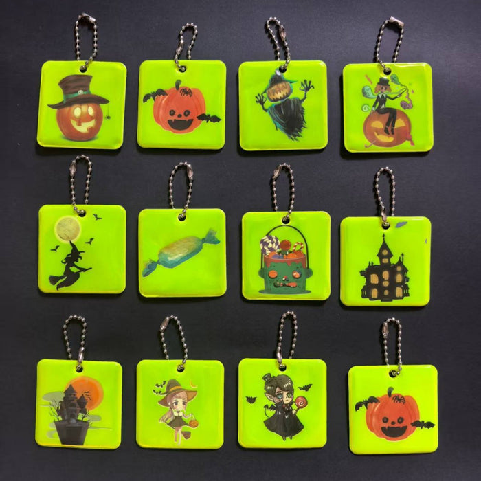 Wholesale  Reflective Square Chain Keychain With PVC Pumpkin Lantern Bat Witch Charms Decorative Car Key Accessory Gift