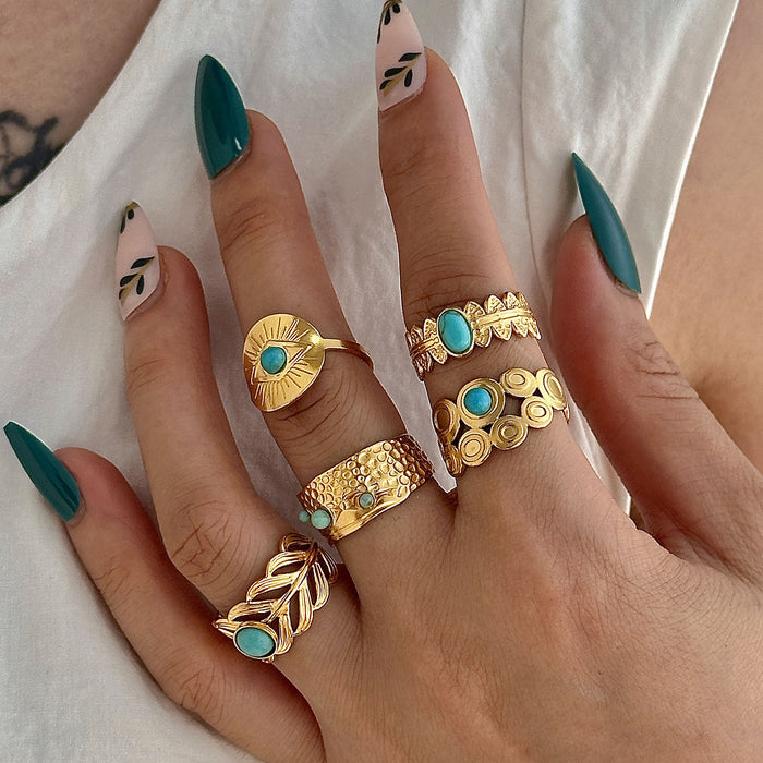 Wholesale Stainless Steel Gold Turquoise Leaf Adjustable Ring