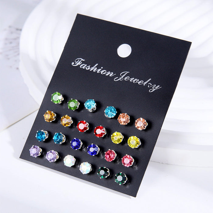 Wholesale Zinc Alloy Zircon Earring Set 12 Pairs Geometric Design Party Wear Jewelry Accessory For Women
