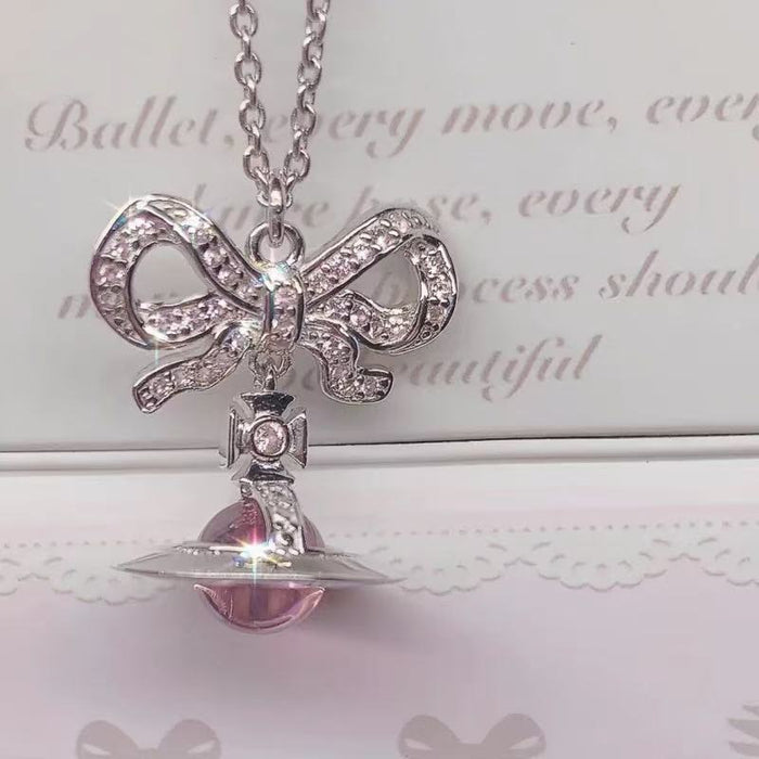 Wholesale pink bow mermaid tears three-dimensional planet necklace clavicle chain