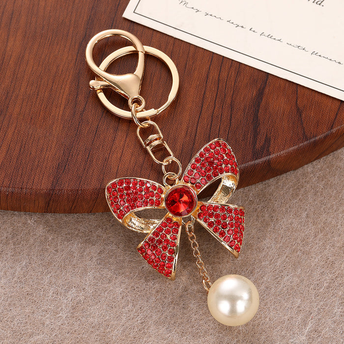 Wholesale Red Rhinestone Pearl Bow Keychain Bag Charm Car Key Accessory Birthday Gift MOQ≥2