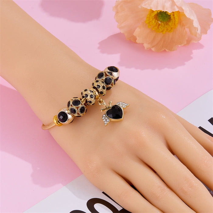 Wholesale Angel Wing Heart Design Stainless Steel Bracelet with Crystal Beads Heart Pendant Jewelry Accessory MOQ≥2
