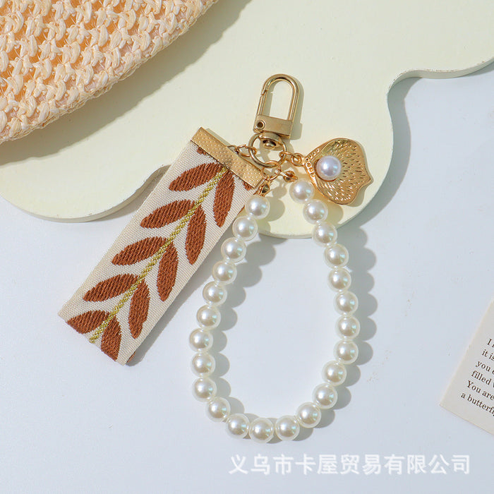 Wholesale Ribbon car alloy keychain pendant creative leaf striped pearl accessory bag decoration