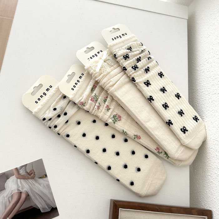 Wholesale Thin mid tube bow lace pile socks with mesh breathable cotton
