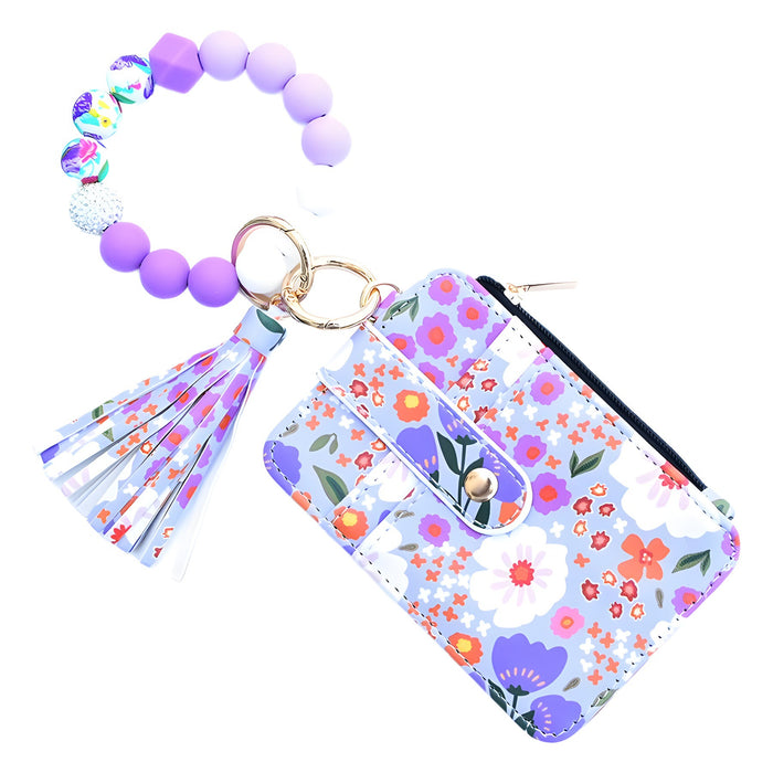 Wholesale PU Women's Leather Coin Purse Card Holder Silicone Wrist Daisy Floral DIY Beaded Women's Keychain