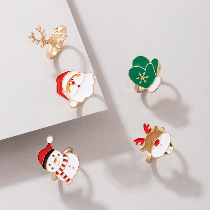 Wholesale Stylish Christmas Ring Set 5-Piece Santa Elk Snowman Design Alloy Gold Jewelry Accessory MOQ≥2
