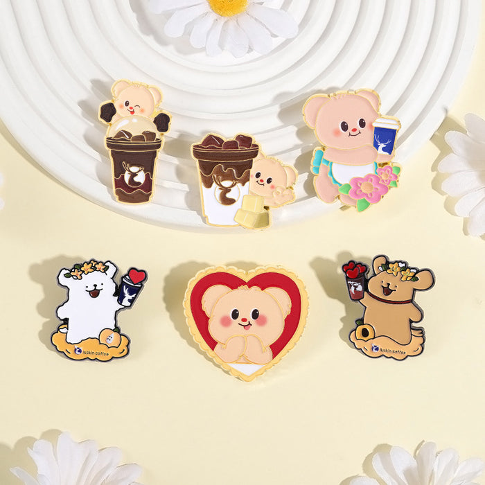 Wholesale Cute Japanese Animal Brooch Pin Bear And Dog Coffee Design Zinc Alloy Fashion Accessory