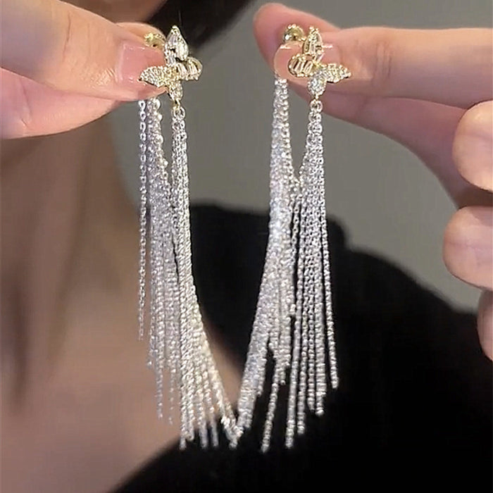 Wholesale Silver Needle Zircon Butterfly Tassel Earrings JDC-ES-HuiHe011