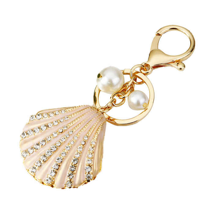 Wholesale Diamond studded pearl shell car keychain pendant, metal keychain ring, alloy accessory