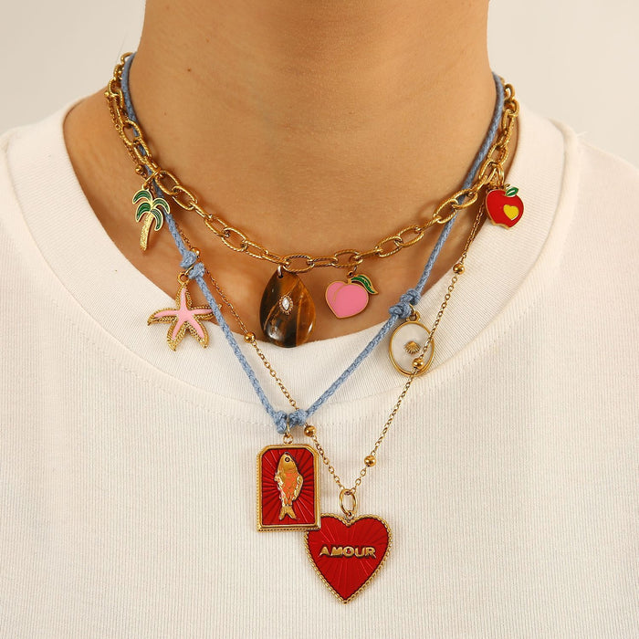 Wholesale Original design color rope necklace paired with stainless steel heart-shaped oil drop pendant, personalized DIY accessory