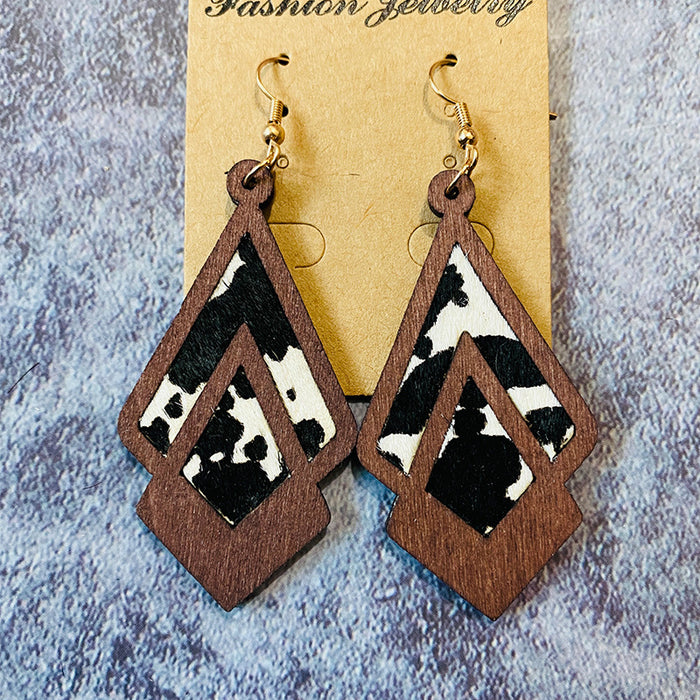 Wholesale Western retro wooden earrings leopard print milk pattern inlaid earrings geometric hollow