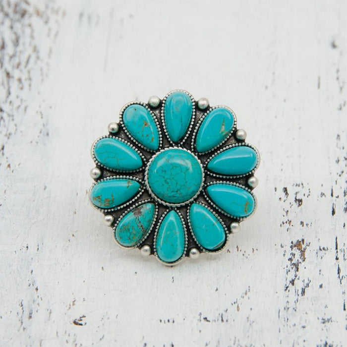 Wholesale Retro Bohemian Turquoise Flower Open Ring Alloy Fashion Accessory