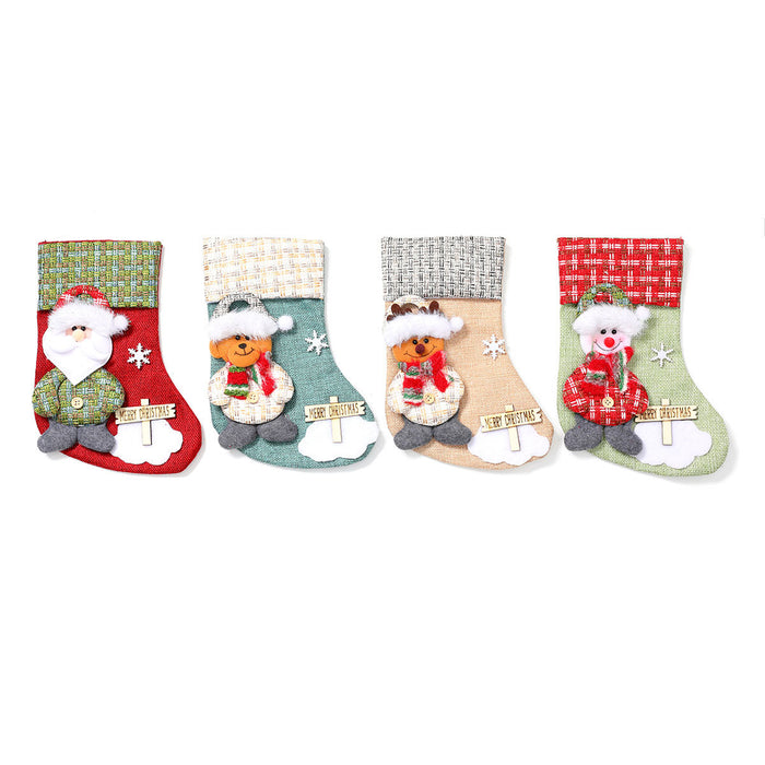 Wholesale Cross-Border New Small Linen Christmas Socks Wooden Sign Cartoon Christmas Socks Candy Bag Gift Bag Small Pendant