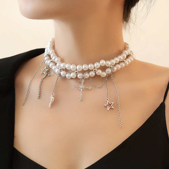 Wholesale  Imitation Pearl Star Tassel Necklace Advanced Sense Cross Necklace Chain
