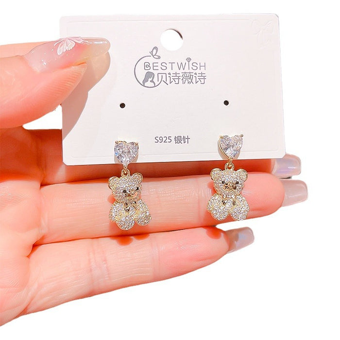 Wholesale Zircon Bear Love Earrings Silver Needle Cartoon Elegant Earrings New Earrings