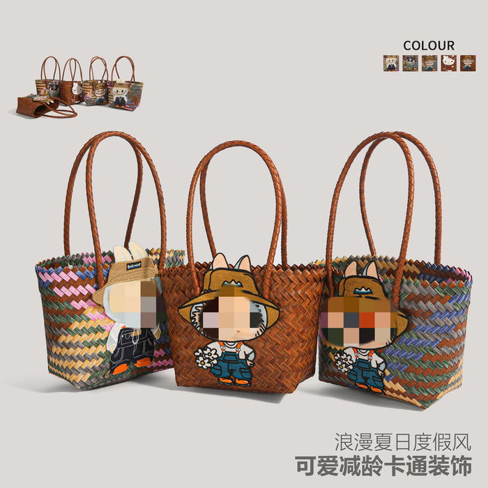 Wholesale  Summer Cartoon Woven Bag Large Capacity Work Bag Hand Woven Vegetable Basket Women' s Shoulder Bag