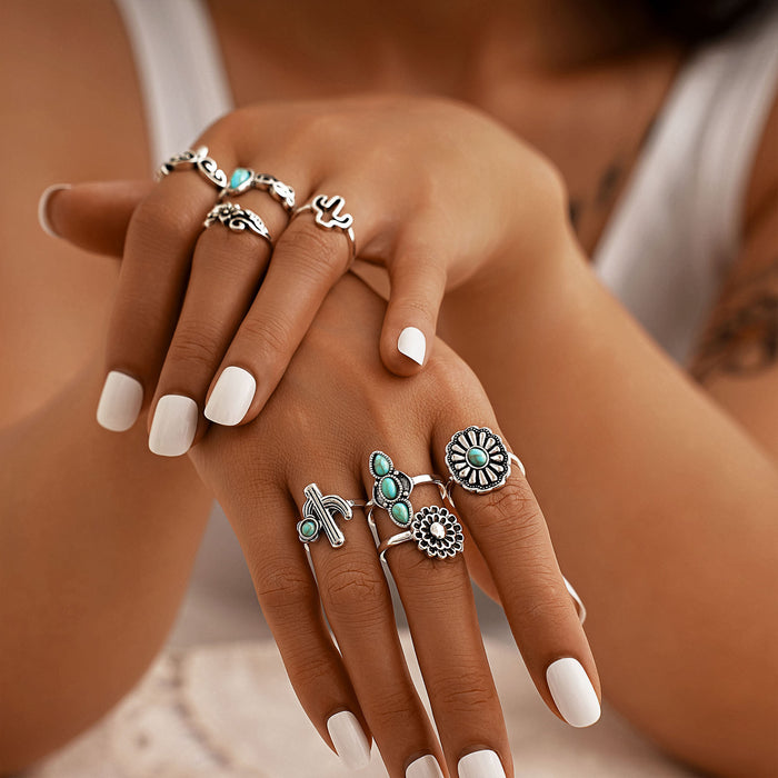 Wholesale Retro Turquoise Cactus Flower 8-Piece Set Rings